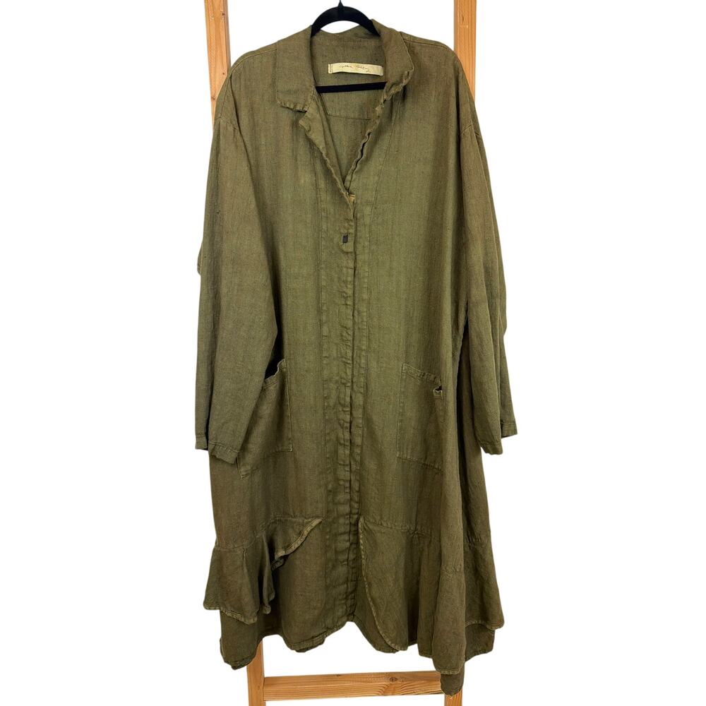 Cynthia Ashby Green Linen Long Sleeve Ruffled Snap Jacket Size XL